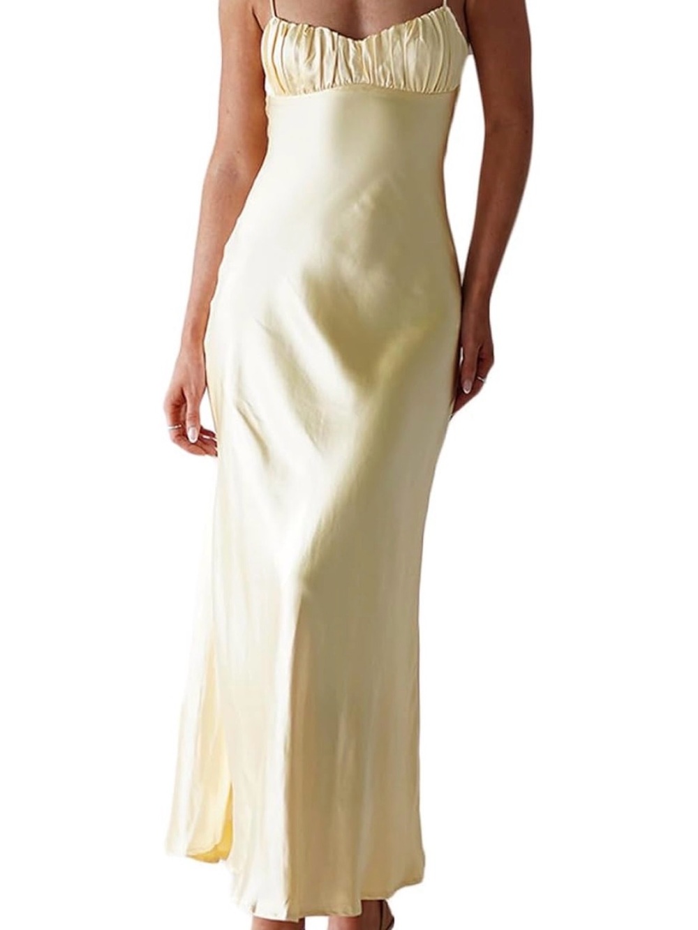 Elegant Butter Yellow Slip Maxi Dress with Ruched Bust